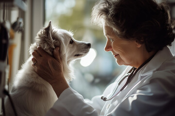 Woman and dog hugging, veterinarian takes care of, hugs and kisses dog