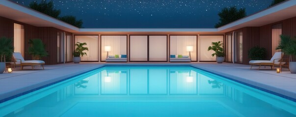 Fototapeta premium Dreamy mid-century poolside scene with sparkle stars twinkling above, soft reflections in the water, and vintage decor glowing warmly