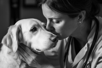 Woman and dog hugging, veterinarian takes care of, hugs and kisses dog