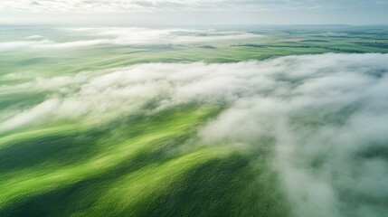 Fototapeta premium Aerial View of Rolling Green Hills with Fog