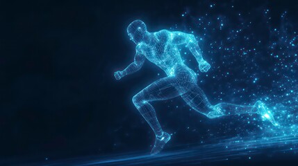 Fototapeta premium A glowing blue digital human figure running on a dark background, composed of lines and dots, representing speed, technology, and the future.