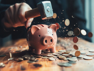 Breaking open a piggy bank to unleash savings and coins on a wooden table in a bright room