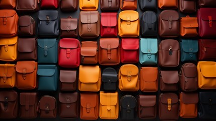 A pattern of school colourful backpacks. Top view.