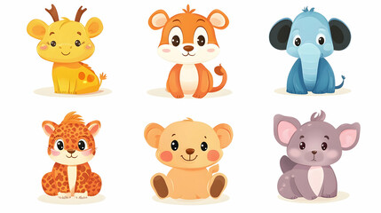 Fototapeta premium Colorful baby animal characters, isolated on a white background, illustration -