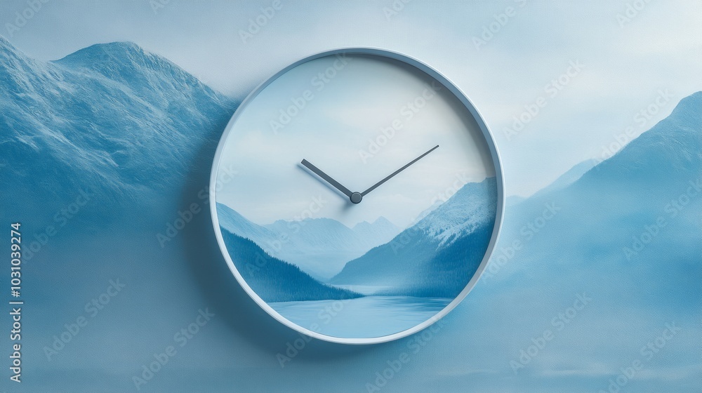 Poster a clock with a blue background and mountains in the background
