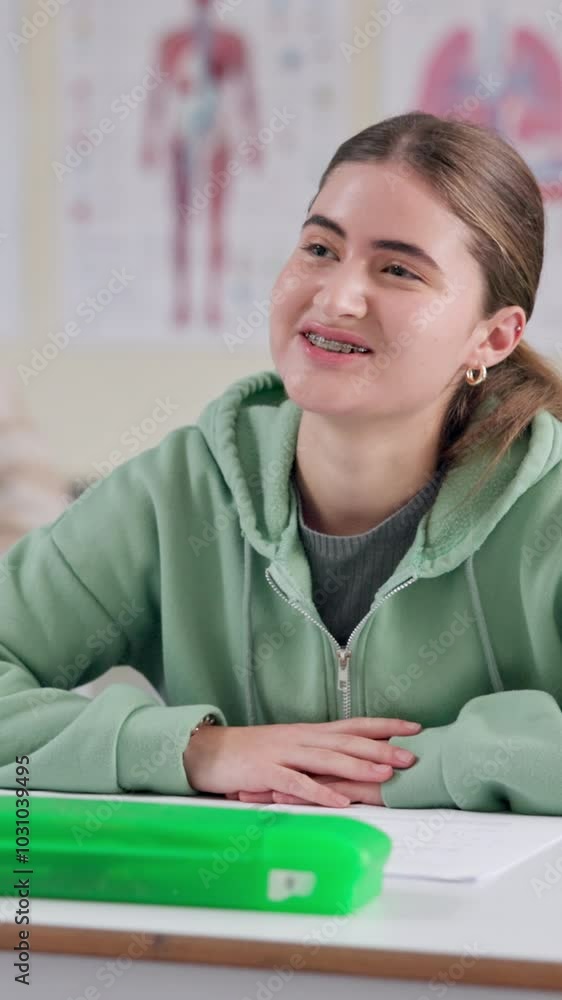 Poster education, laughing and student girl at desk in classroom for lecture, lesson or study. funny, happy