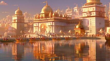 Fototapeta premium Golden Temple Cityscape with Boats and Reflections