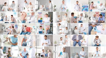 Collage of doctors and male patients in clinic. Prostate cancer awareness concept