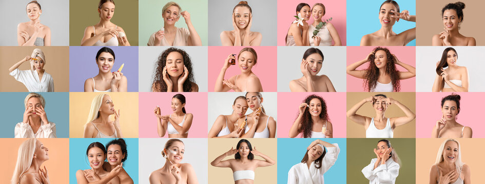 Big collage of beautiful women taking care of their skin on color background