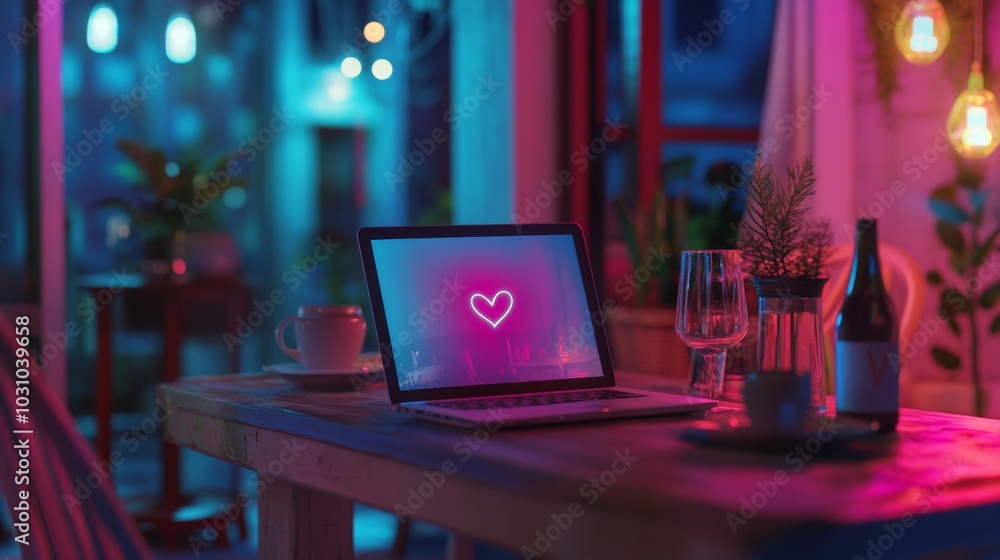 Poster a laptop is open on a table with a heart symbol on the screen