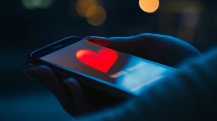 A person is holding a cell phone with a heart on the screen