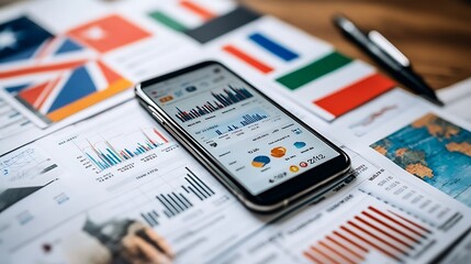 A flat lay of a smartphone displaying a stock trading app, placed on a desk with international flags and financial reports, showcasing the influence of international markets. 