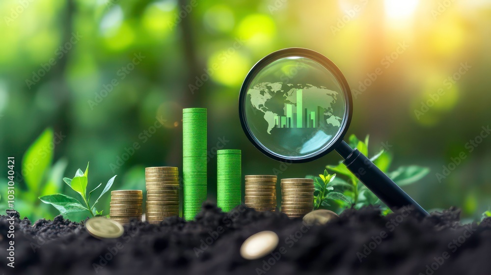 Poster a magnifying glass with a world map and bar chart inside is placed on a pile of coins and green bars