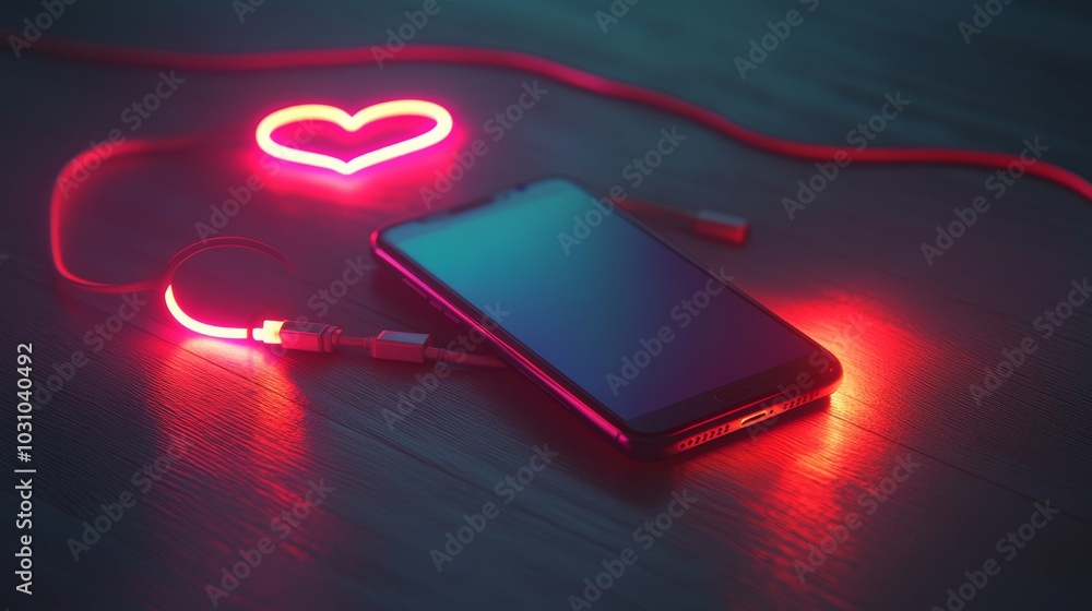 Poster a phone is sitting on a table with a heart and a red cord