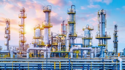 Fototapeta premium Industrial Refinery Towers and Pipelines at Sunset