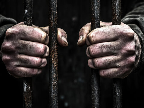 Capturing the essence of despair as hands grip iron bars in a dimly lit prison cell