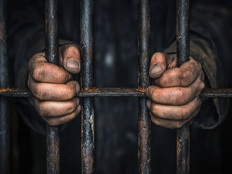 Capturing the essence of despair as hands grip iron bars in a dimly lit prison cell