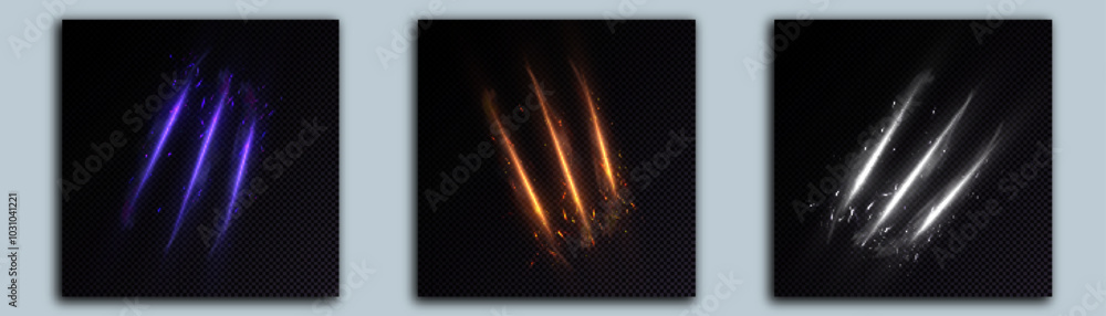 Poster three lines of sparks and glowing claws, light effect of cut from claws, vector.