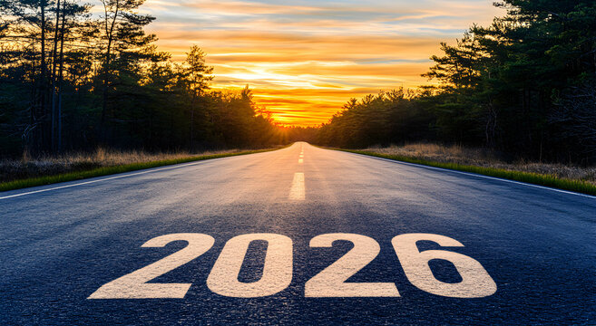 Road to the New Year 2026 with the written number 2026 pointing forward on an empty road symbolizing future achievements and successes in the new year. Concept of new achievements.