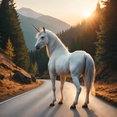 Majestic white unicorn standing on winding mountain road during sunset in lush forest