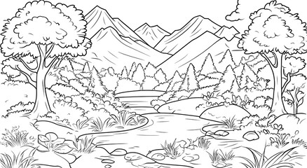 Fototapeta premium Forest landscape coloring book, example of children's coloring book. Concept of children's creative development.