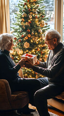 Obraz premium An elderly couple exchanging gifts in front of a Christmas tree with warm lighting and festive decorations. A Christmas tree stands in the background, beautifully shimmering with lights. 