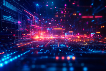 Digital network with neon lights and abstract elements, simulating data flow. 