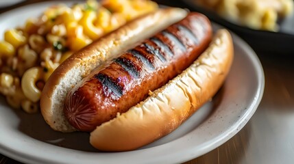 Closeup of a Grilled Hot Dog or Sausage on a Toasted Bun on a White Plate with a Side of Mac and Cheese