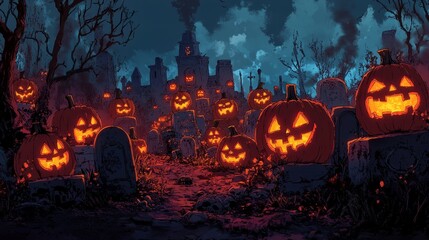 Fototapeta premium Spooky Halloween Scene with Jack-o'-Lanterns at Night