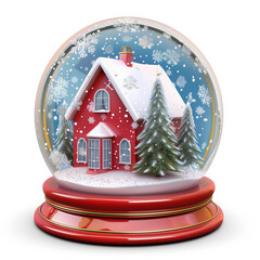 A water-filled snow globe with white snowflakes and a house inside. Souvenir for Christmas. Greeting card.