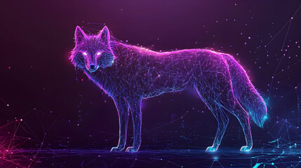 Futuristic neon wolf in a digital cyber landscape,  illustration -