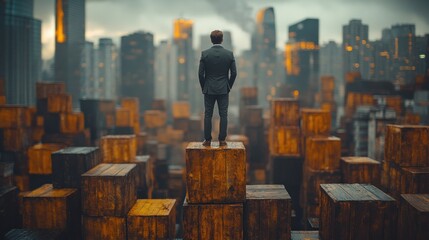 A businessman stands confidently atop stacked cubes facing a sprawling cityscape, symbolizing ambition and strategic vision in the modern world.