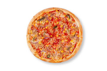 Delicious savory porcini mushroom pizza with creamy cheese sauce, champignons and green spinach, presented isolated on white background