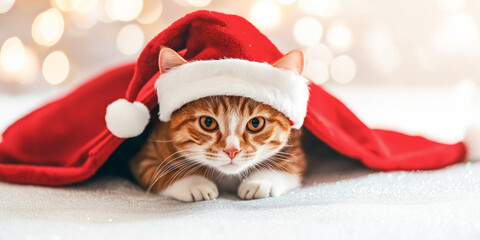 Playful Cat Wrapped in Santa Costume light background with copy spase