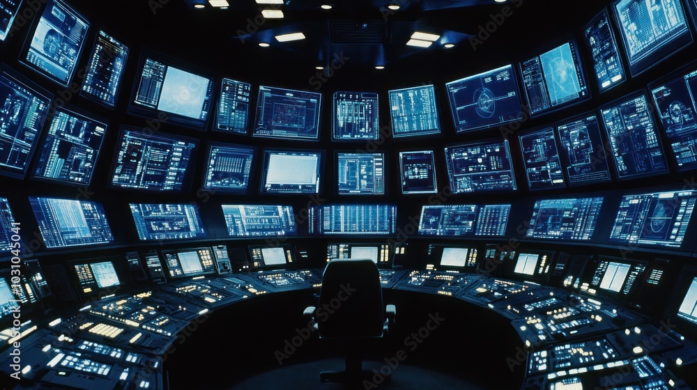 Poster a futuristic control room with numerous monitors and a single chair in the center