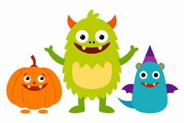 Happy Halloween Day. Set of cute monster isolated on white background cartoon character coloring page for kids. Funny animal outline illustration .with white background.
