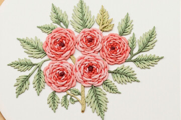 Delicate embroidered roses in soft pink hues with intricate leaf details on textured background