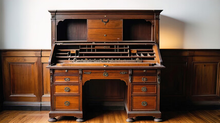 19th century antique bureau writing desk, full length, isolated on white background