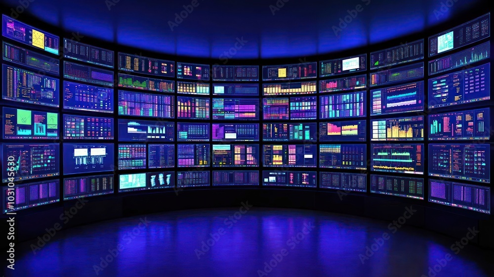 Poster A Wall of Curved Screens Displaying Data and Graphs in a Dark Room