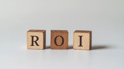 Photo of wooden blocks with the word "ROI" on them, against a white background, in a simple. Return On Investment concept