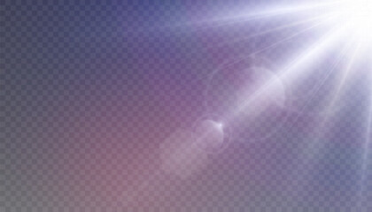 Light sun glare, sun glow light effect. Transparent shining sun, bright flash. Vector graphics on transparent background.