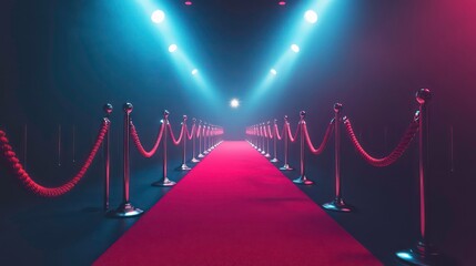 A red carpet with velvet ropes and spotlights in a dark background.