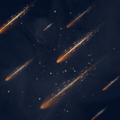 Meteor shower. Fall of space bodies asteroids, meteorites, comets. Vector