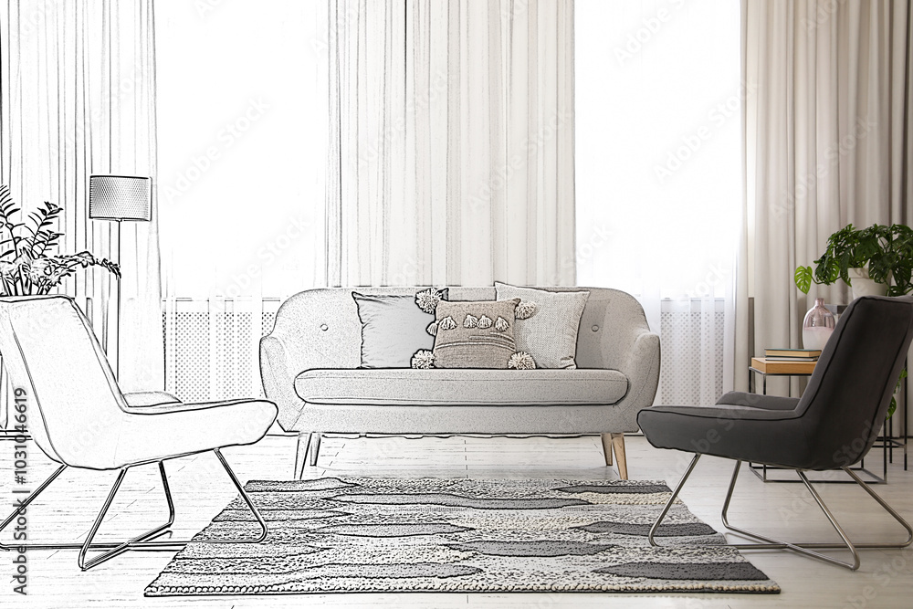 Poster Interior of stylish living room, designer's idea realization. Comfortable couch and armchairs. Combination of photo and sketch