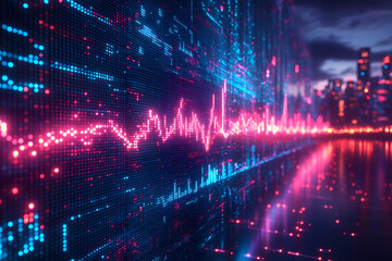 Fototapeta premium A vibrant digital landscape with a heartbeat graph, illuminated in pink and blue, reflecting a futuristic city skyline.
