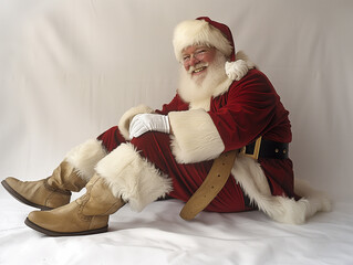 Obraz premium Santa Claus sitting on the floor. Xmas. Happy New Year. Holiday greetings card. Merry Christmas. Christmas spirit, festive mood.