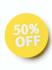 White '50% OFF' Text on a Light Yellow Round Paper Note. White Background 