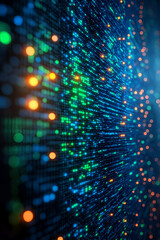 Naklejka premium A vibrant display of digital data streams, featuring multicolored dots representing connectivity and technology in a dynamic, abstract form.