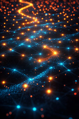 Fototapeta premium A vibrant, abstract representation of glowing particles connected by flowing lines, evoking a sense of digital networks and cosmic pathways.