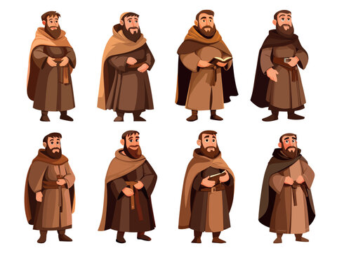 Medieval monks. Friar religion in ceremonial robe, spirituality christianity monk cartoon characters concepts, set vector illustration